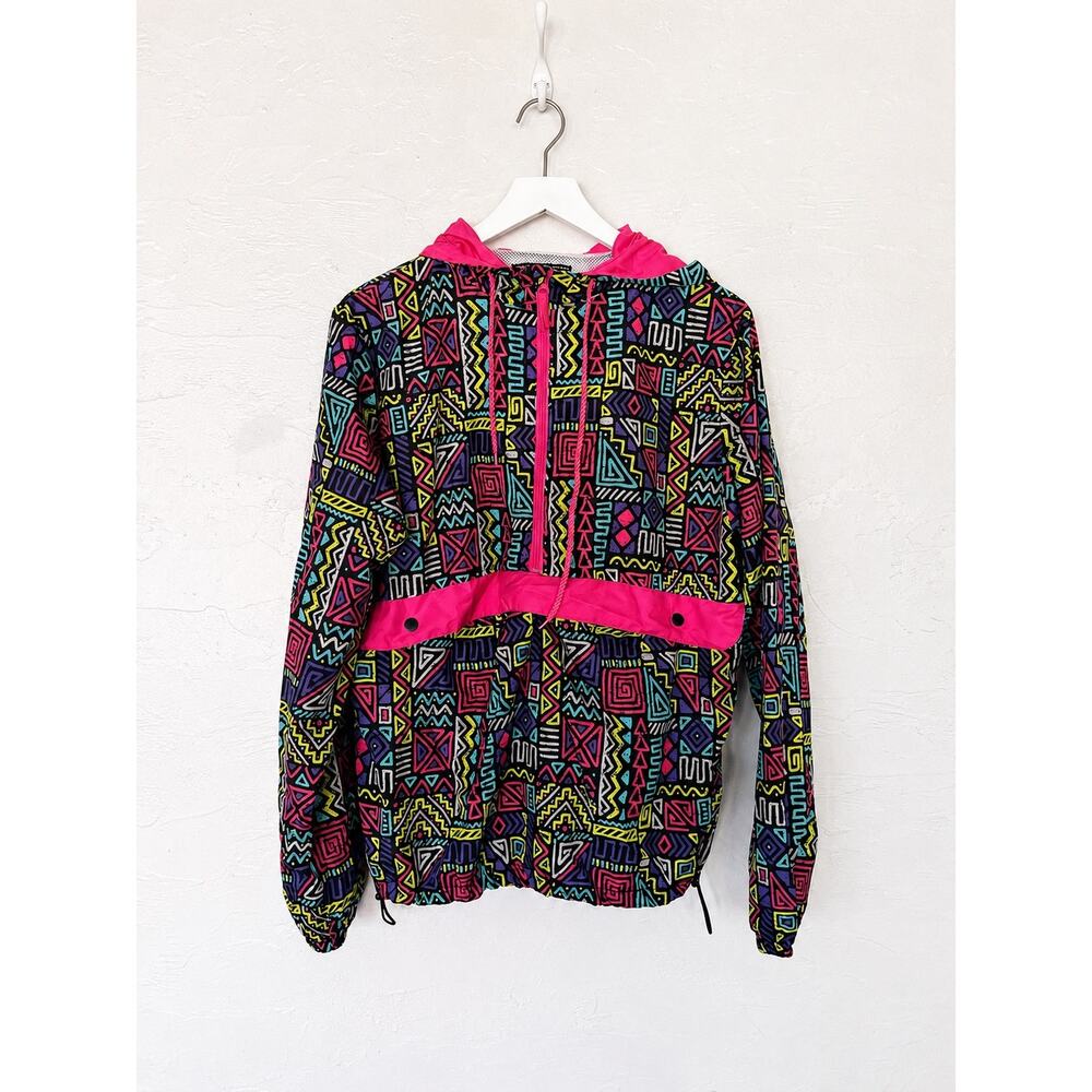 Black Jack 1999 USA Neon Geometric Hooded Windbreaker Jacket M 90s Y2K